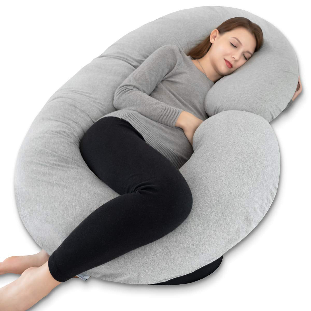 Pregnancy Pillow for Sleeping, Maternity Pillow with Jersey Cotton Cover,C Shaped Body Pillow for Pregnant Women(Grey Jersey)