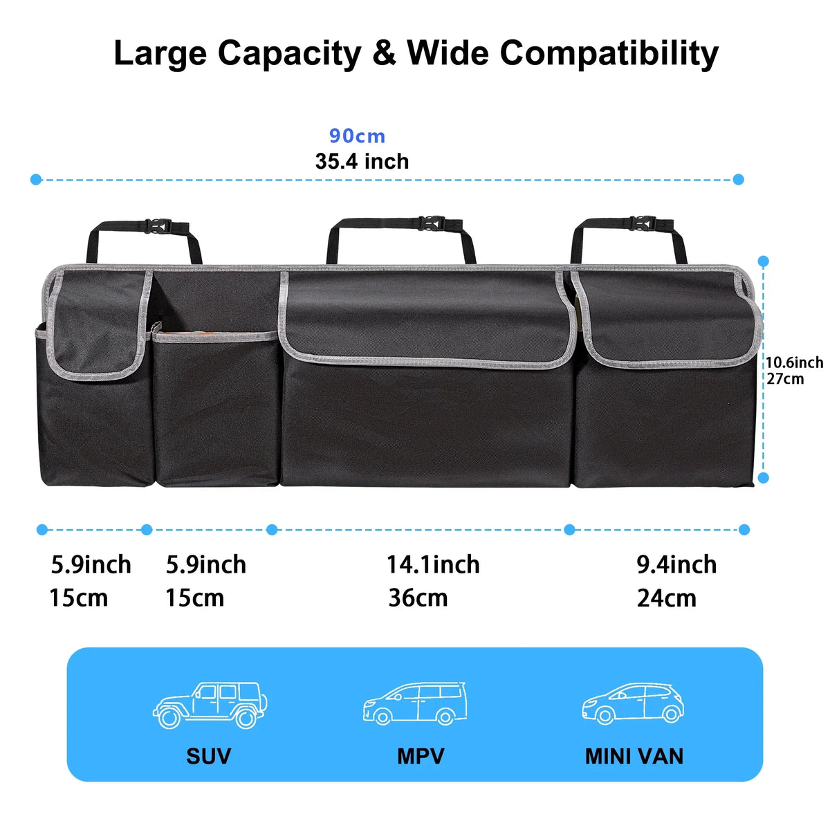 Car Trunk Organizer Durable Waterproof Collapsible with 4 Pockets Ideal for Suvs, Trucks Mpvs Backseat or Trunk Storage Amagi