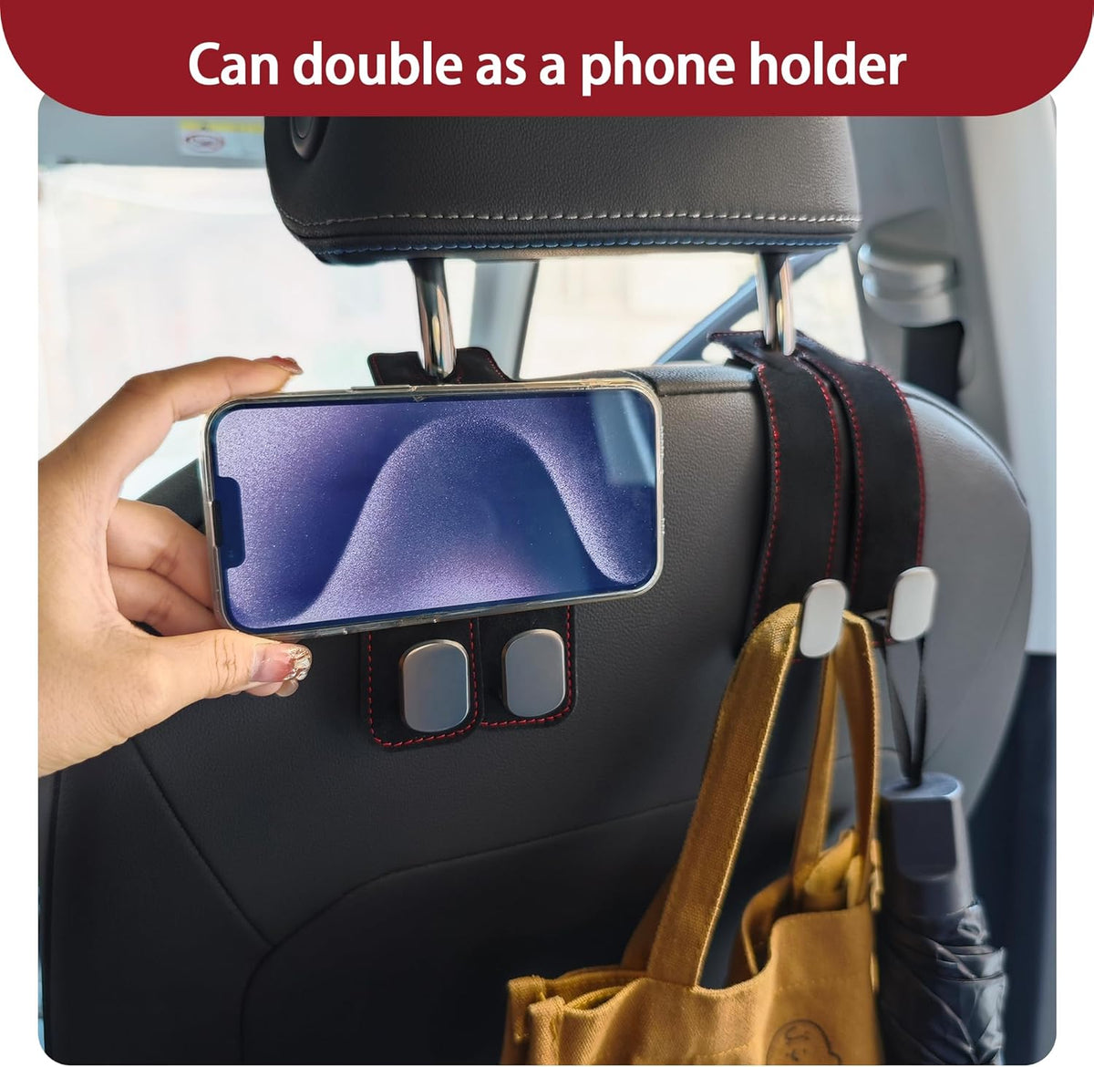 2 in 1 Car Seat Back Storage Hook and Headrest Hooks for Car,2Pcs Purse Hook for Car,Bendable Universal Double Hooks with Phone Holder,Car Hooks for Purses and Bags and Shopping Bags(Black)