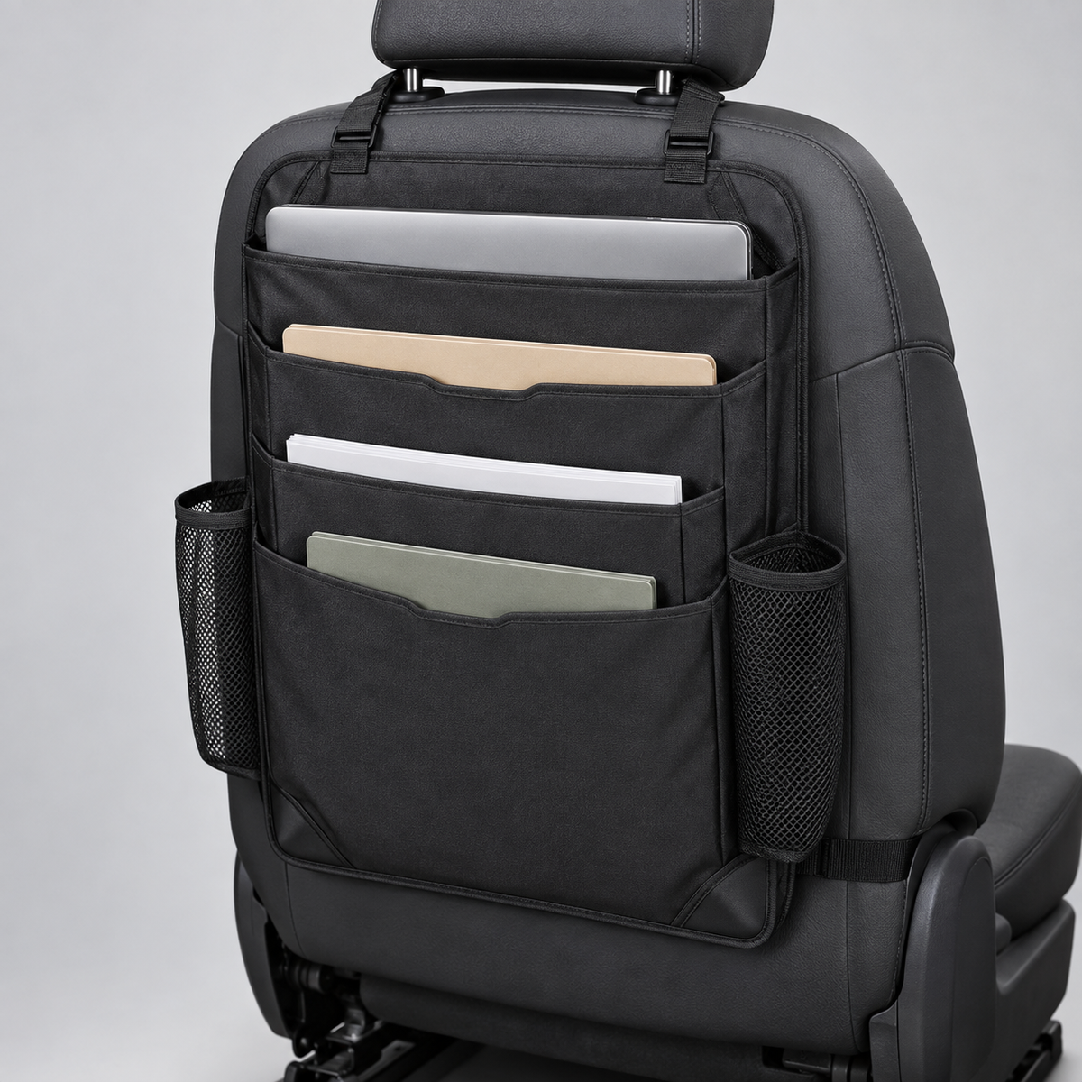Black Oxford car seat back organizer with laptop compartment and mesh side pockets