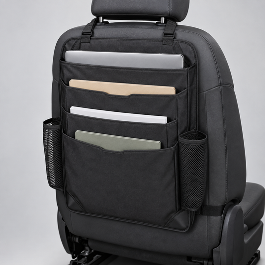 Black Oxford car seat back organizer with laptop compartment and mesh side pockets